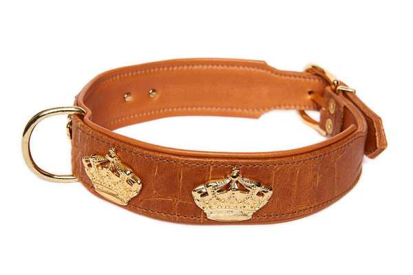 Hundehalsband Crown Croc - Cognac-Gold