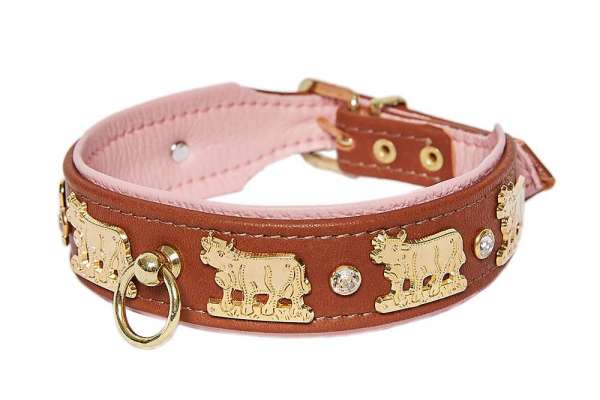 Hundehalsband Lucky Muh - Rehbraun-Rosa